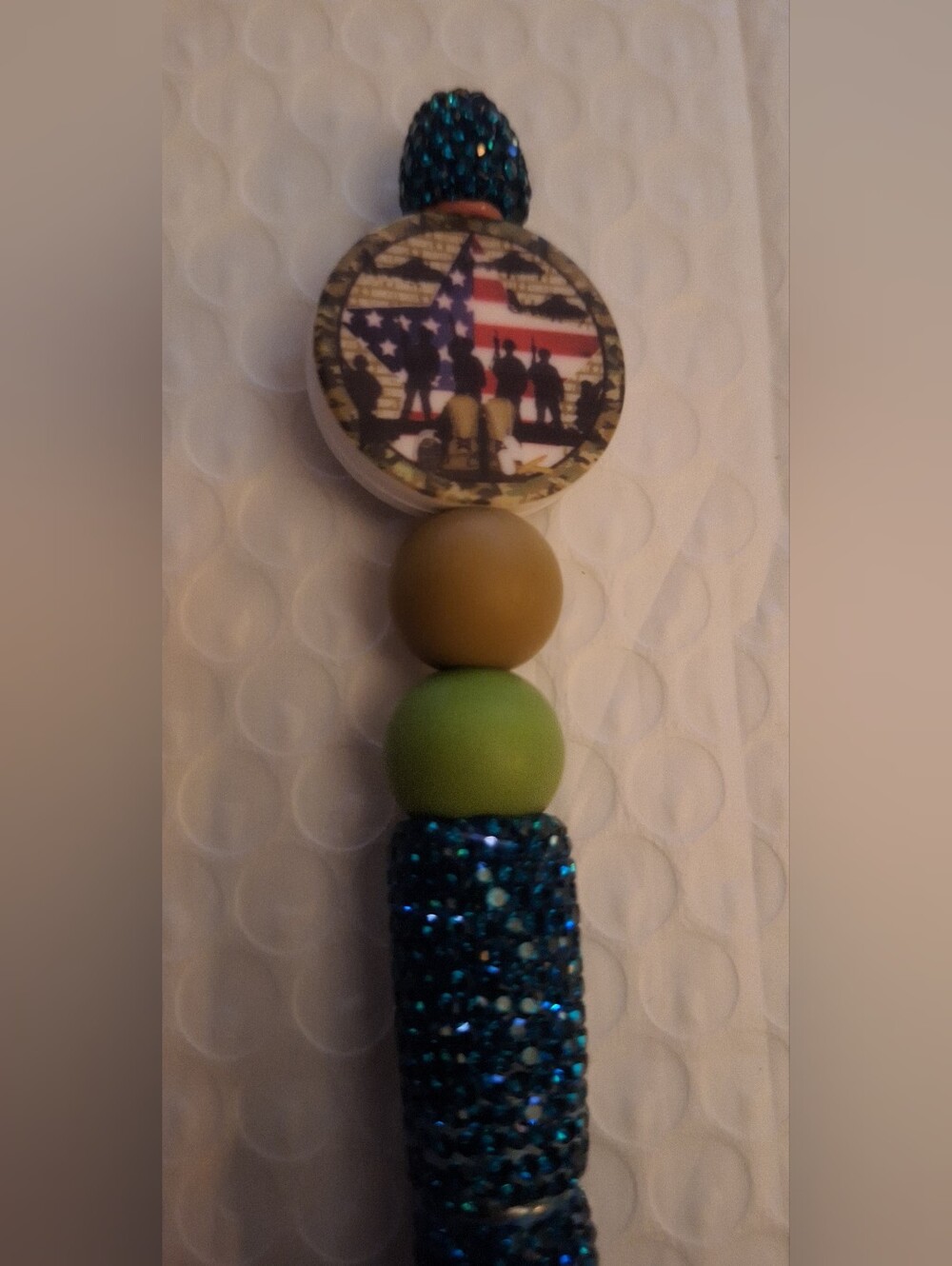 Handmade Miltary or Veteran Blue Bling Black Ink Pen w/green & brown balls NEW